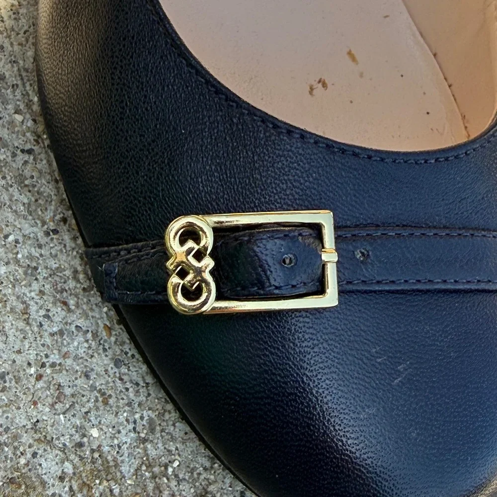Cole Haan Wedge Pumps 7B Navy Blue Minimalist Leather Buckle Grand.OS W05287‎